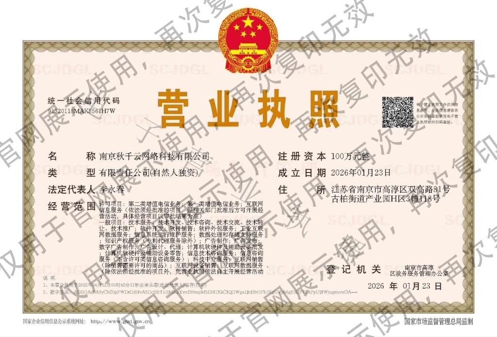 南京秋千云网络科技有限公司 营业执照